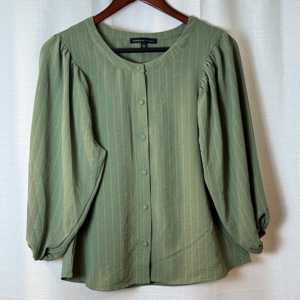 Adrienne Vittadini Sage Green Pinstripe Blouse Balloon Sleeve Button Front Small